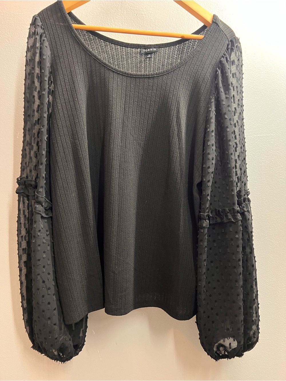 torrid Black Ribbed Knit Top with Dotted Sheer Balloon Sleeves